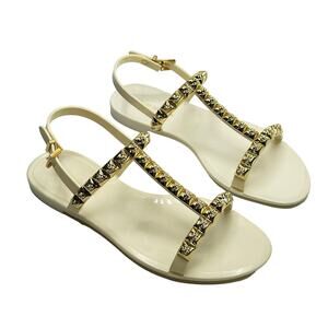 Stuart Weitzman Jelly Sandals Size 7 Studded T-Strap "Jelrose" Cream Gold
